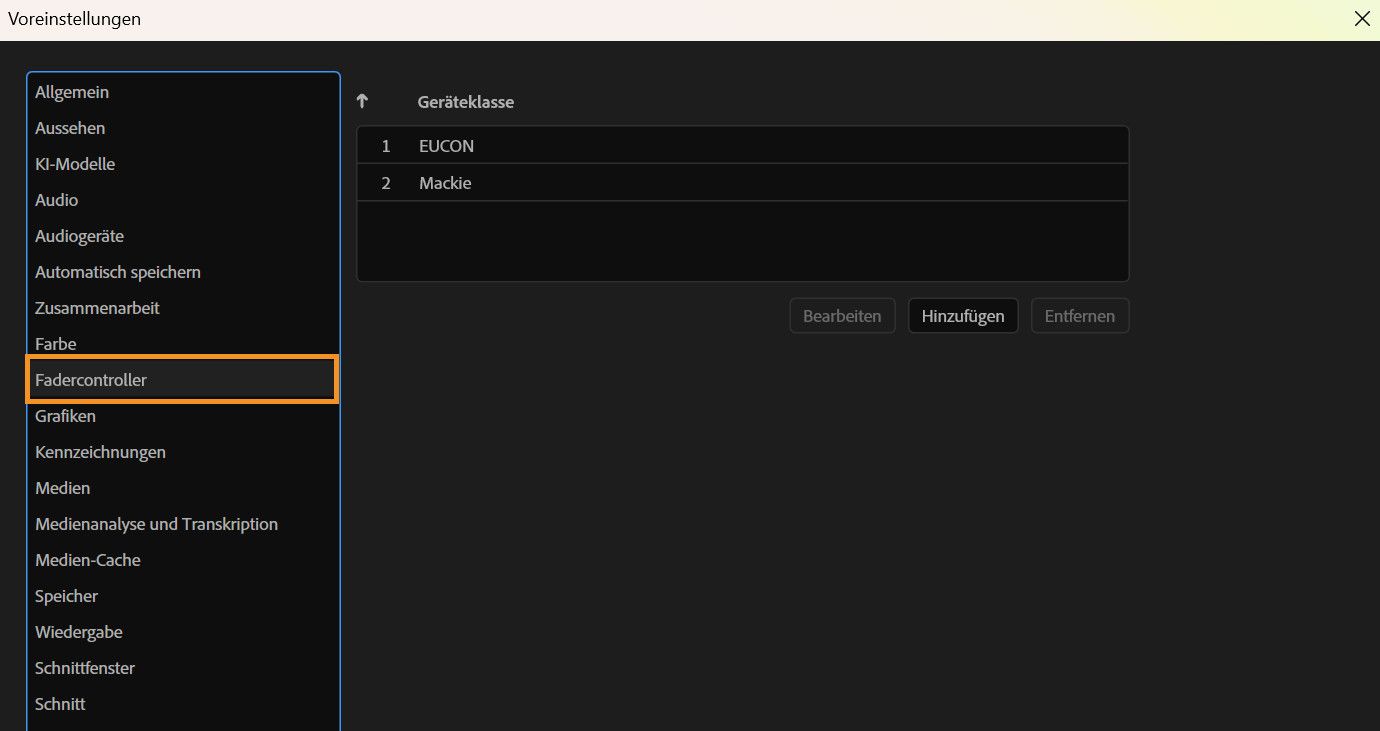 Das Dialogfeld „Voreinstellungen“ ist geöffnet und zeigt das Bedienfeld für Steuerungsoberflächen an, wo du unterstützte Steuerungsgeräte hinzufügen, bearbeiten oder entfernen kannst.