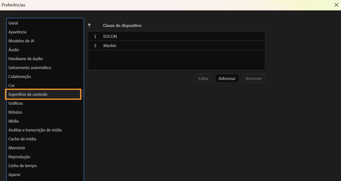 A caixa de diálogo Preferências é aberta com o painel Superfície de controle, onde você pode adicionar, editar ou remover dispositivos de superfície de controle compatíveis.