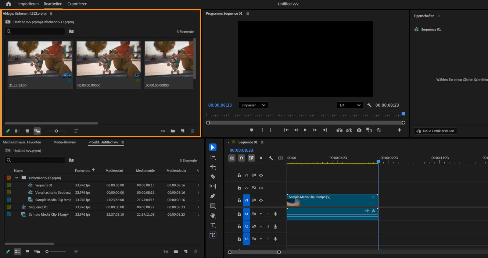 Der Arbeitsbereich in Premiere Pro zeigt zwei verschiedene Projektbedienfelder an, die in einem Arbeitsbereich angeordnet wurden.