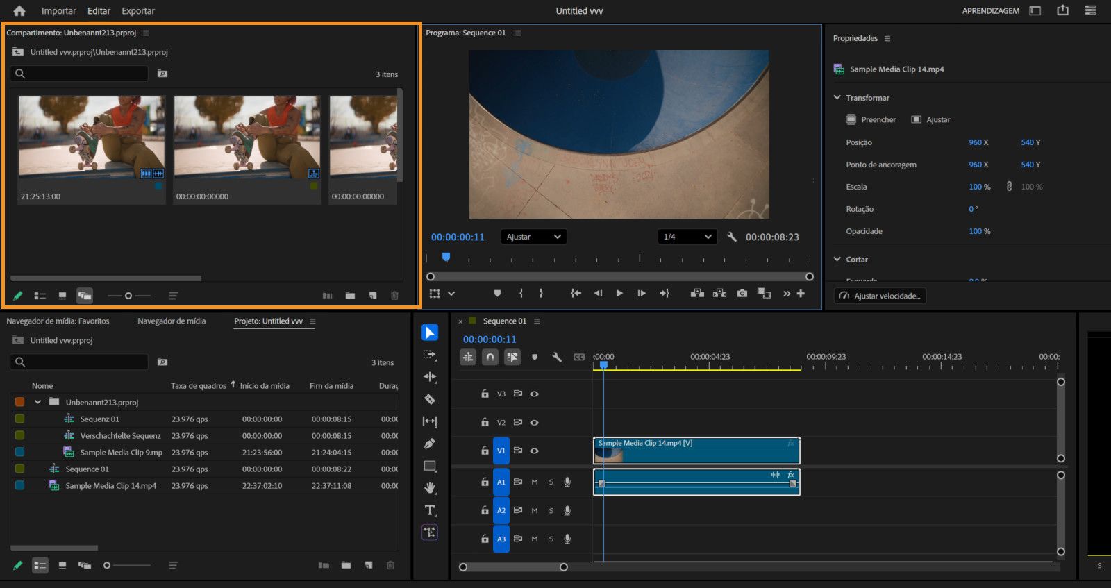 O espaço de trabalho do Premiere Pro exibe dois painéis Projeto diferentes personalizados em um único espaço de trabalho.