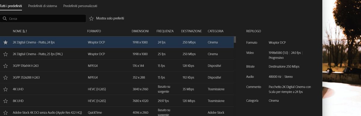 La finestra di dialogo Gestione predefiniti è aperta e dal risultato della ricerca è selezionata l'opzione HEVC - Match Source - PQ.