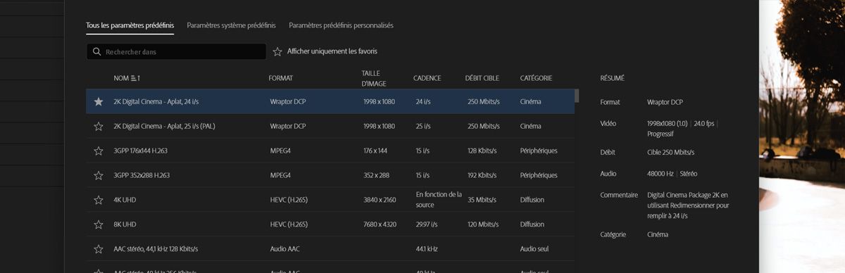 La boîte de dialogue Gestionnaire des paramètres prédéfinis est ouverte et dans les résultats de recherche, l'option HEVC - Faire correspondre à la source - PQ est sélectionnée.
