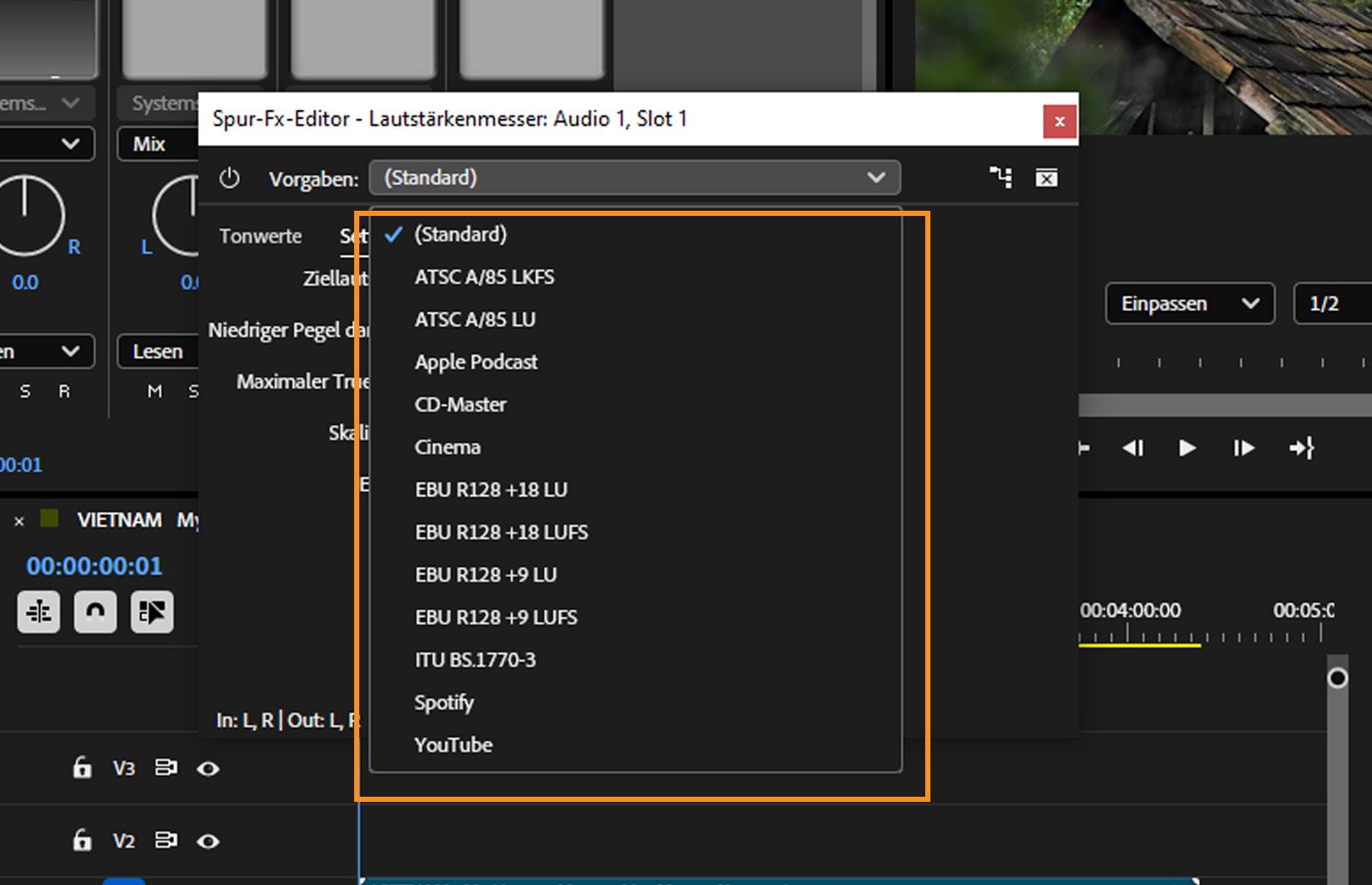 Das Menü „Vorgaben“ im Dialogfeld „Spur-Fx-Editor – Lautstärkemessung“ ist aufgeklappt und zeigt Optionen wie „Apple Podcast“, „Cinema“, „Spotify“, „YouTube“ und mehr an.