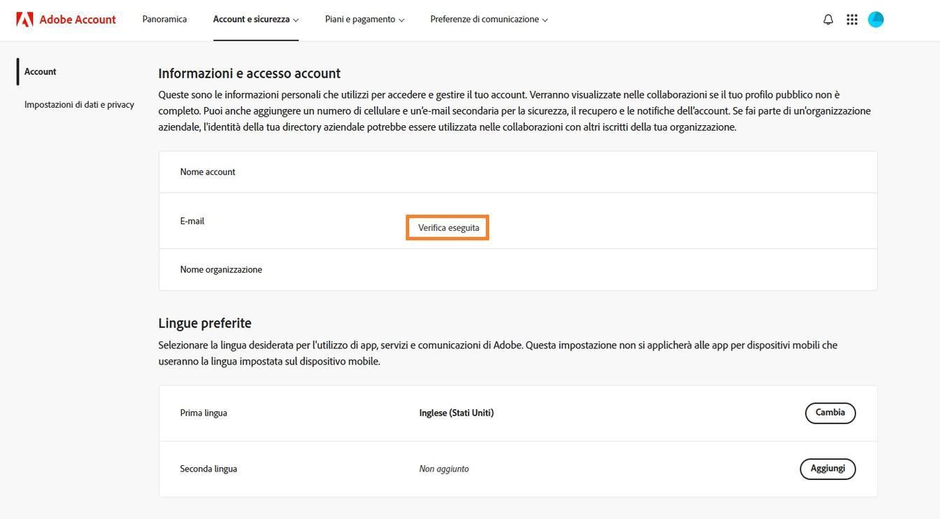 L'area E-mail primaria (Adobe ID), situata nella sezione Informazioni e accesso account, mostra l'indirizzo e-mail associato al tuo account Adobe.