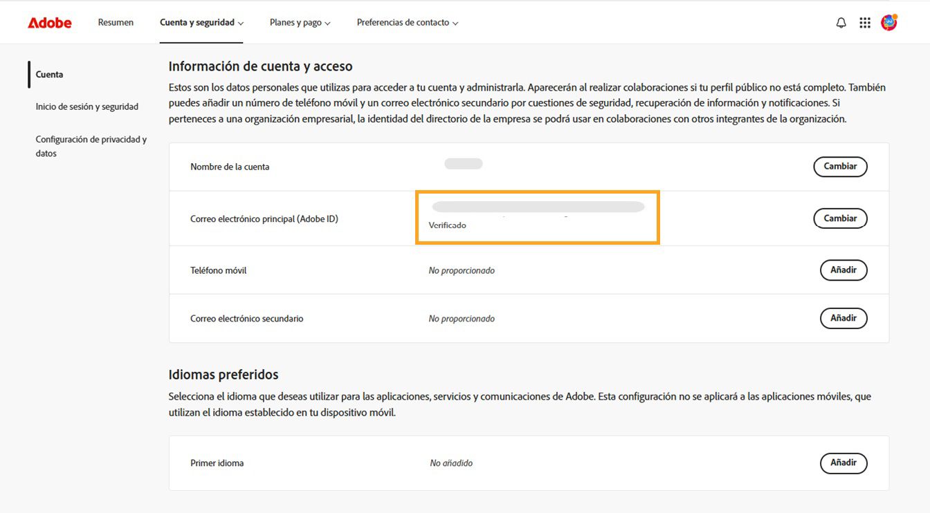 El área Correo electrónico principal (Adobe ID), ubicada en la sección Información de la cuenta y acceso, muestra la dirección de correo electrónico asociada con su cuenta de Adobe.