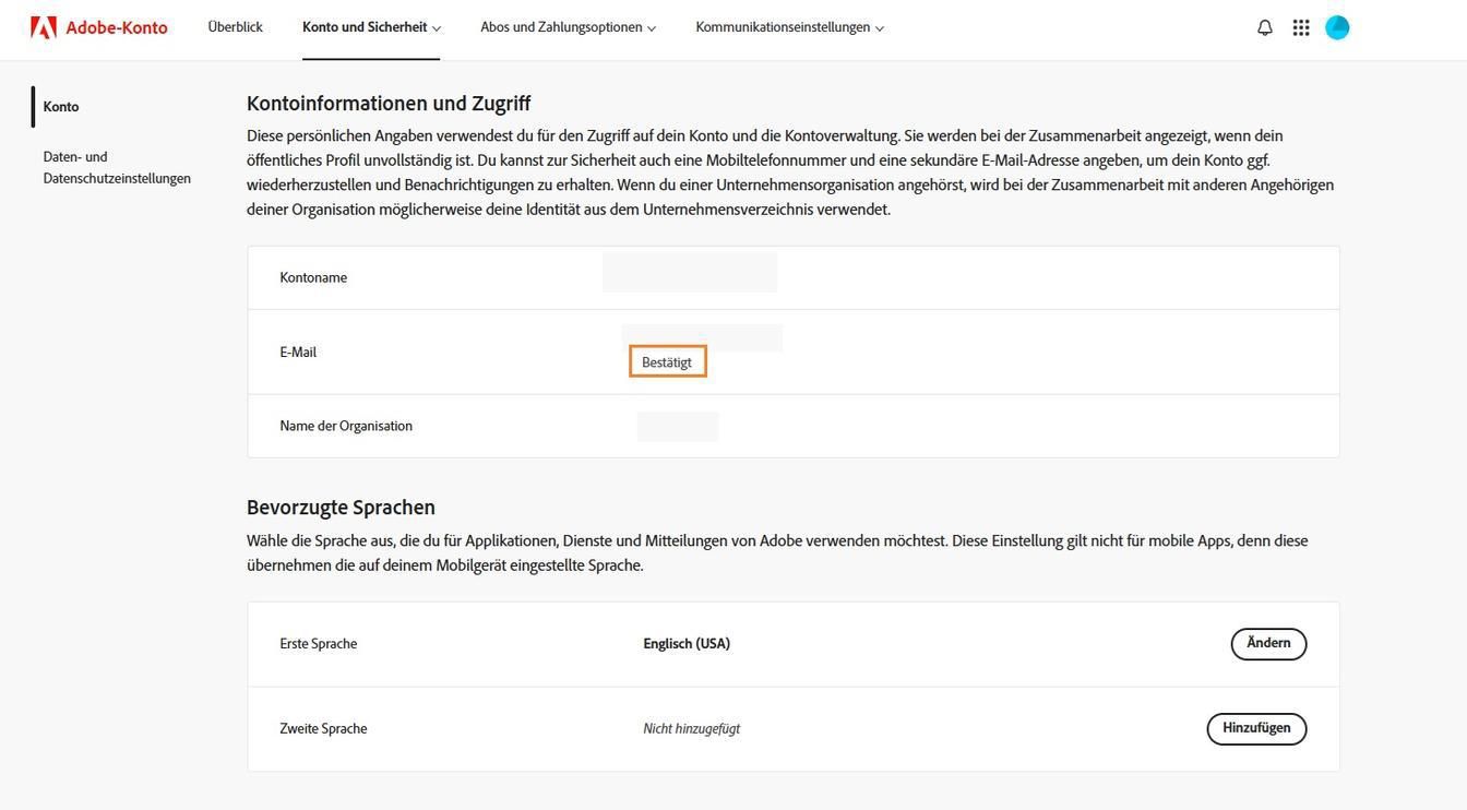 Der Bereich „Primäre E-Mail (Adobe ID)“ im Abschnitt „Kontoinformationen und Zugriff“ zeigt die E-Mail-Adresse an, die mit deinem Adobe-Konto verknüpft ist.