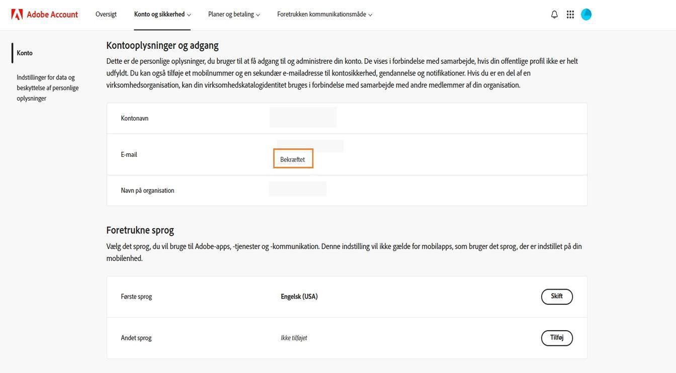 Området Primær e-mail (Adobe ID), der findes i sektionen Kontooplysninger og adgang, viser den e-mailadresse, der er knyttet til din Adobe-konto.