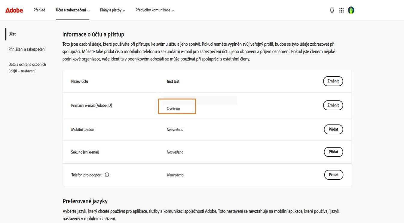 Primární e-mail (Adobe ID), zvýrazněný na stránce Účet, zobrazuje e-mailovou adresu přidruženou k vašemu účtu Adobe.