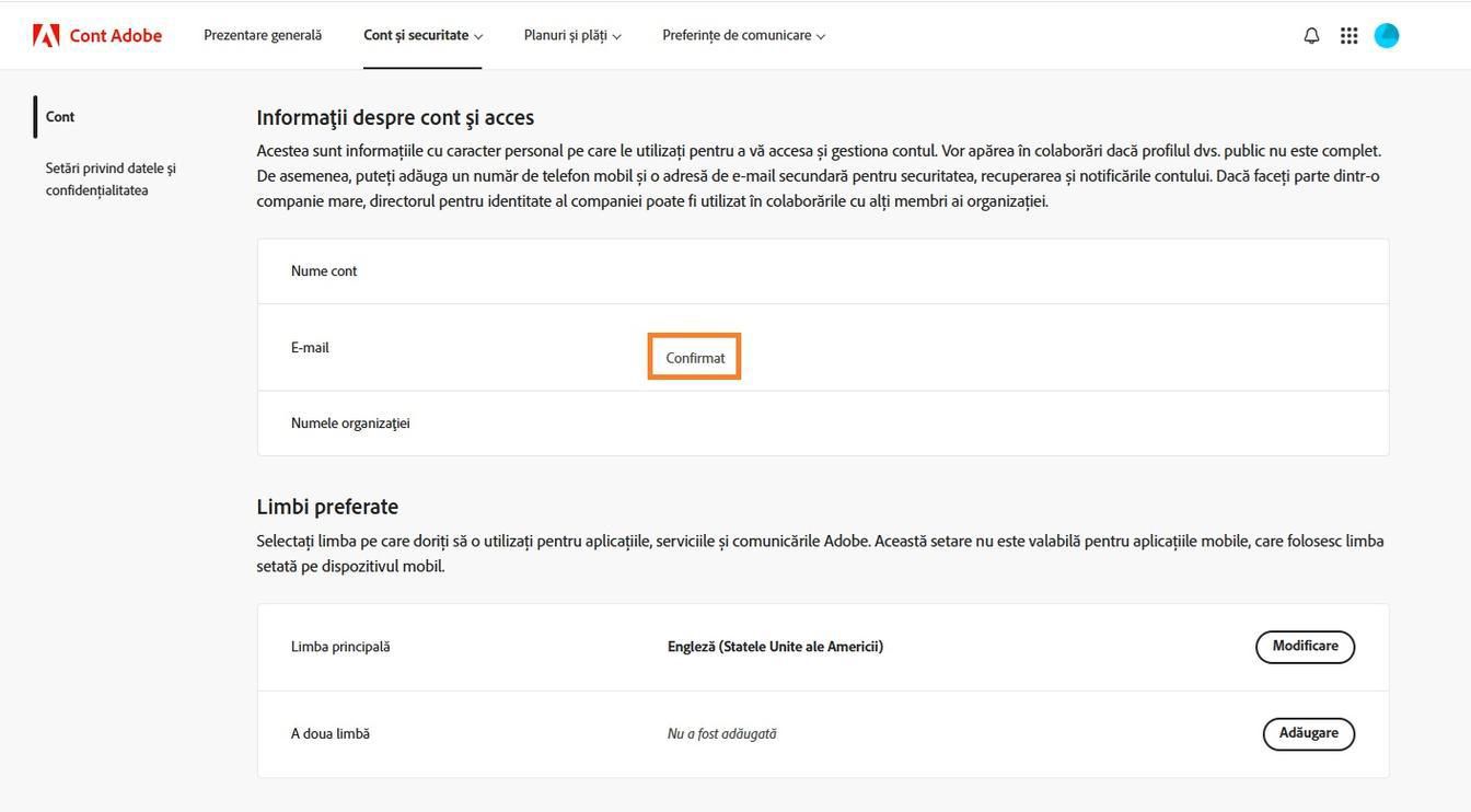 Zona E-mail principal (Adobe ID), situată în secțiunea Informații cont și acces, afișează adresa de e-mail asociată cu contul dvs. Adobe.