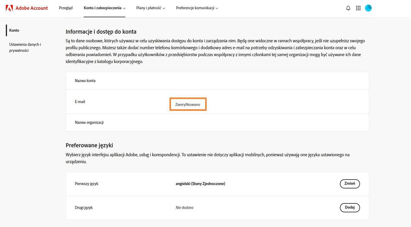 Obszar Główny adres e-mail (Adobe ID), znajdujący się w sekcji Informacje o koncie i dostęp, wyświetla adres e-mail powiązany z kontem Adobe.