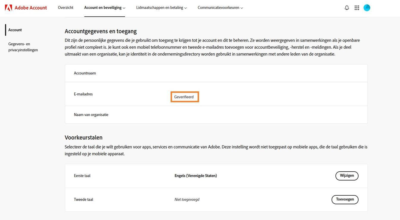 Het gebied Primaire e-mail (adobe id), dat zich bevindt in de sectie Accountinformatie en toegang, toont het e-mailadres dat is gekoppeld aan je Adobe-account.