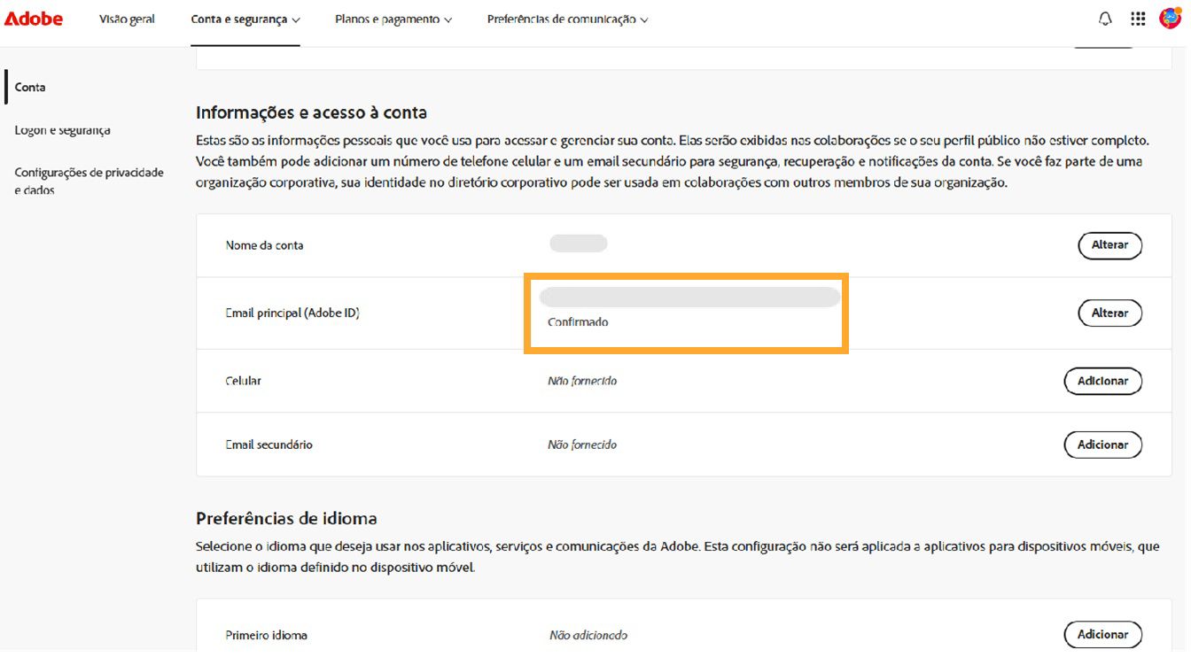 A área Endereço de email principal (Adobe ID), localizada na seção Informações da conta e acesso, exibe o endereço de email associado à sua conta Adobe.