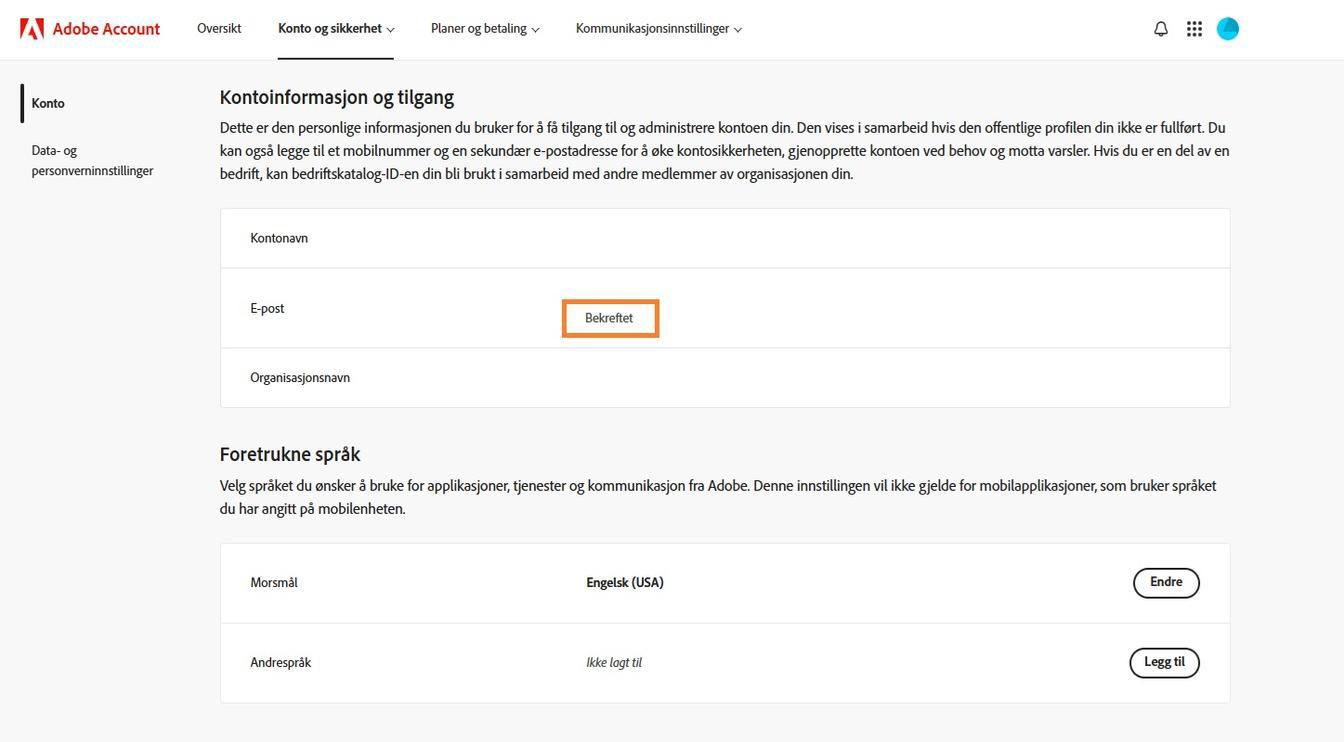 Området Primær e-post (Adobe ID), som ligger i delen Kontoinformasjon og tilgang, viser e-postadressen som er knyttet til Adobe-kontoen din.