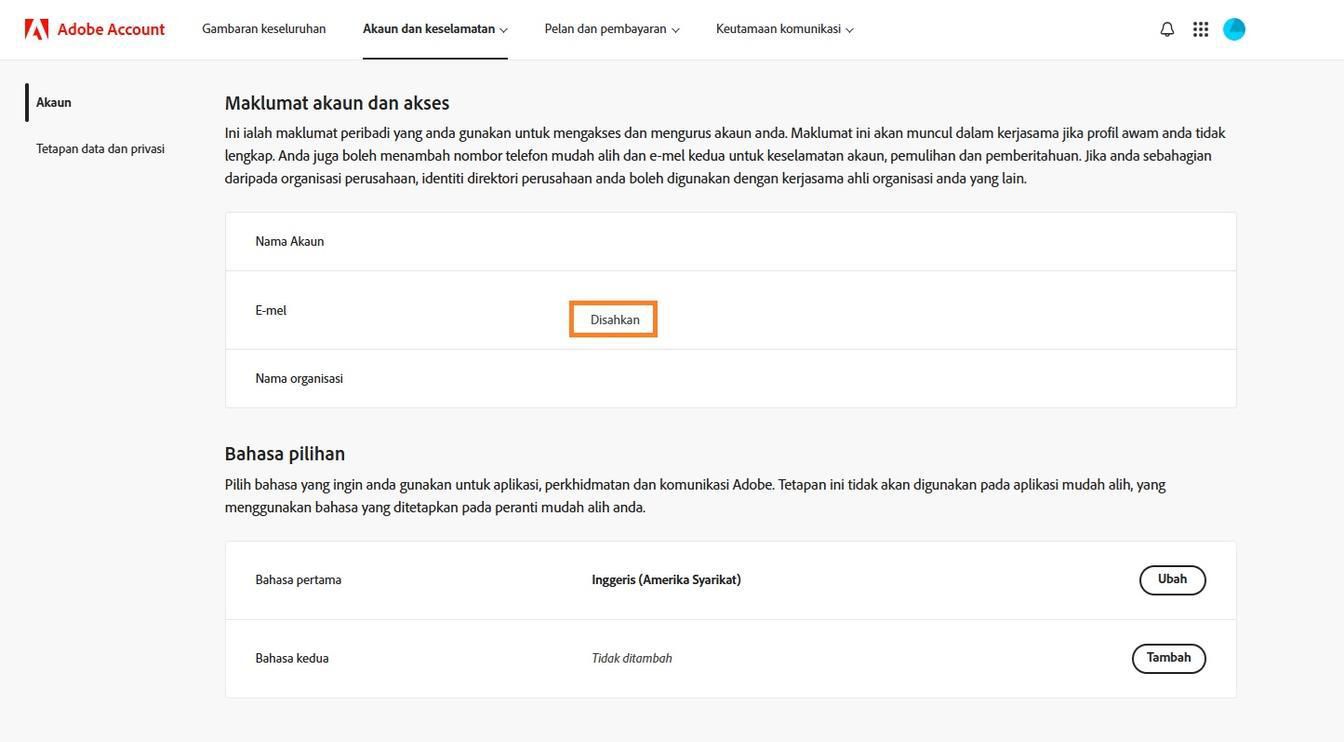Bahagian E-mel utama (Adobe ID), terletak dalam bahagian Maklumat dan akses akaun, memaparkan alamat e-mel yang dikaitkan dengan akaun Adobe anda.