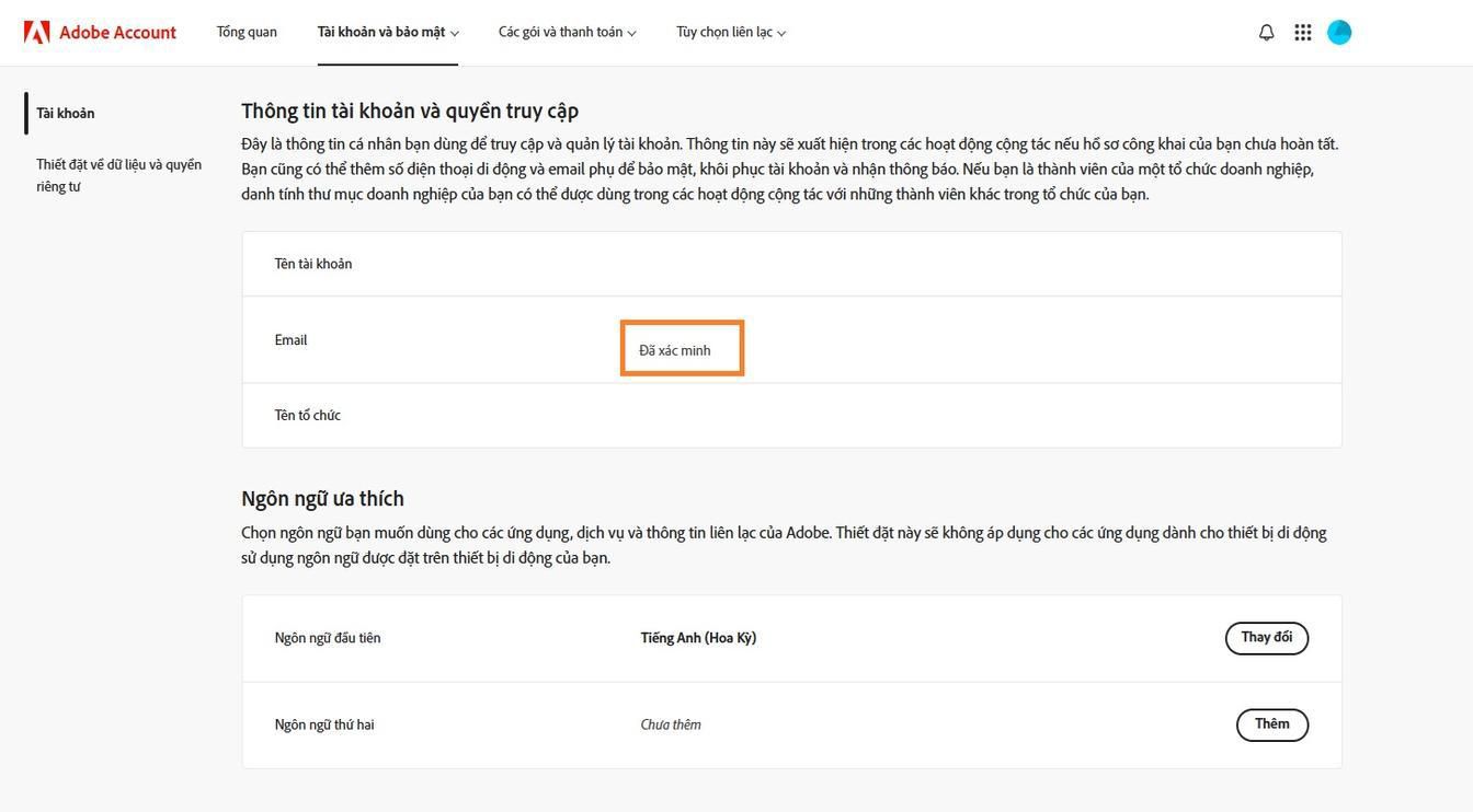 Khu vực Email chính (Adobe ID), nằm trong phần Thông tin tài khoản và quyền truy cập, hiển thị địa chỉ email được liên kết với tài khoản Adobe của bạn.