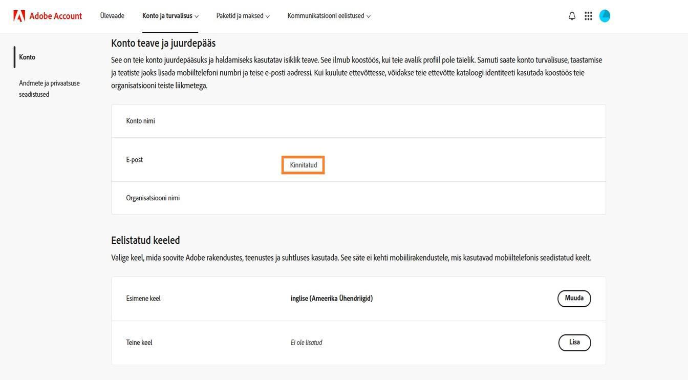 Esmane e-posti aadress (Adobe ID), mis on esile tõstetud konto lehel, näitab teie Adobe kontoga seotud e-posti aadressi.