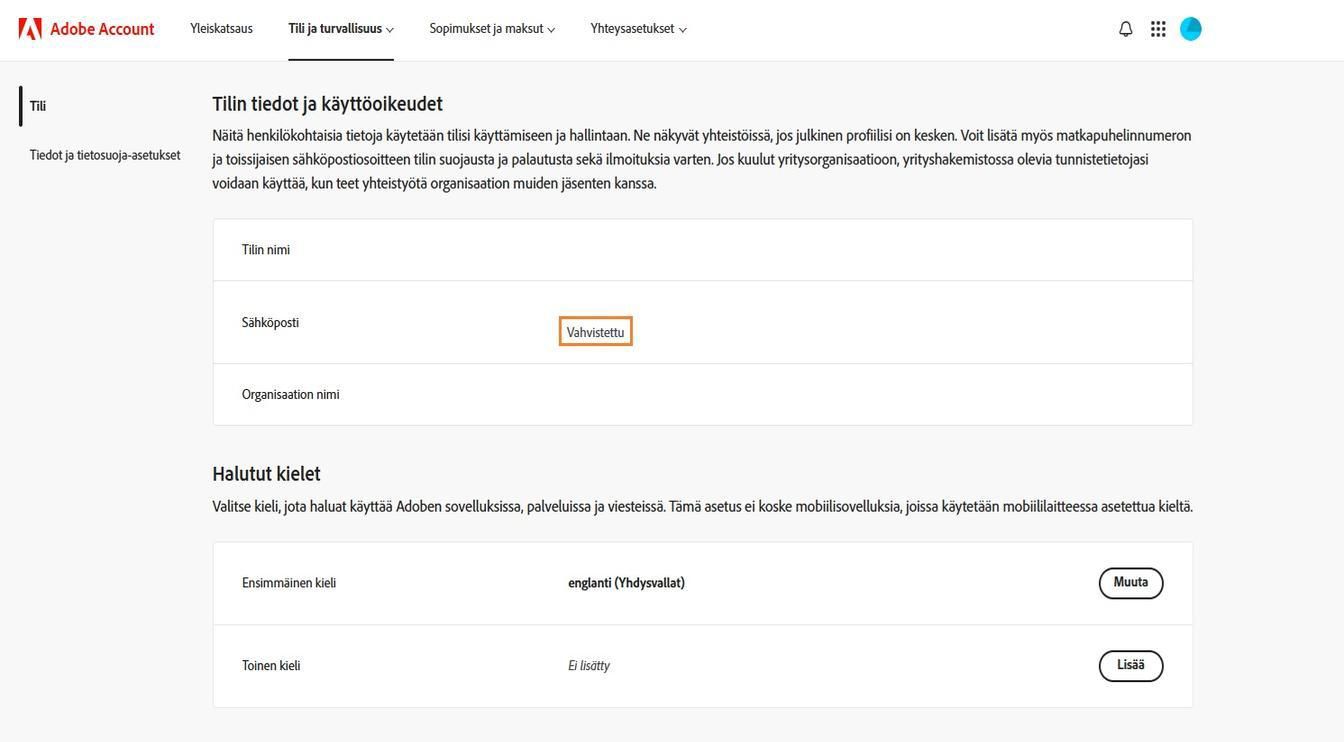 Ensisijainen sähköposti (Adobe ID) -alue, joka sijaitsee Tilin tiedot ja käyttöoikeus -osiossa, näyttää Adobe-tiliisi liitetyn sähköpostiosoitteen.