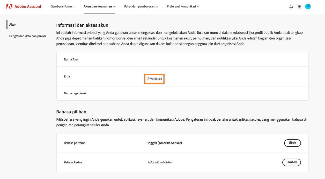 Area Email Utama (Adobe ID), yang terletak di bagian Informasi akun dan akses, menampilkan alamat email yang terkait dengan akun Adobe Anda.