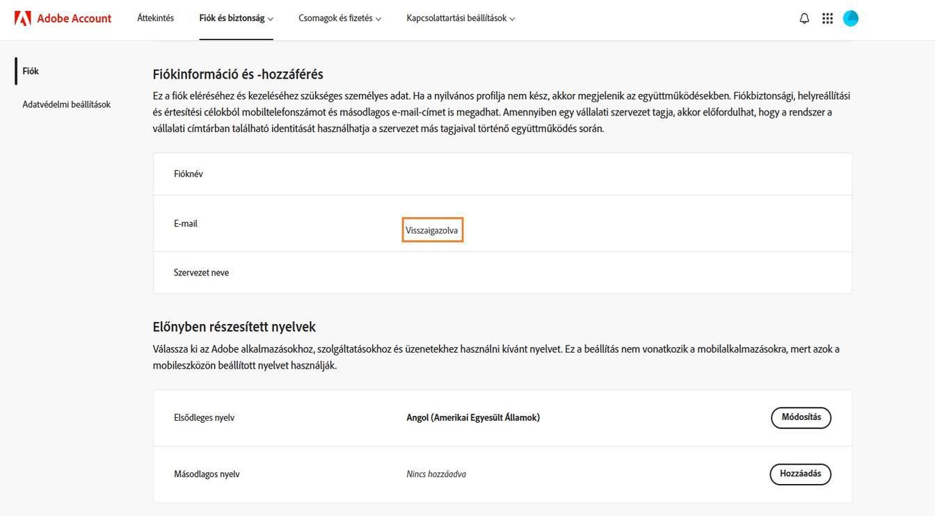 A Fő e-mail (Adobe ID) terület, amely a Fiókinformációk és hozzáférés részben található, megjeleníti az Adobe-fiókjához társított e-mail-címet.