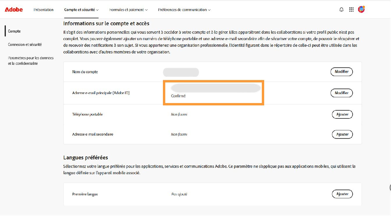 La zone E-mail principal (Adobe ID), située dans la section Informations du compte et accès, affiche l'adresse e-mail associée à votre compte Adobe.