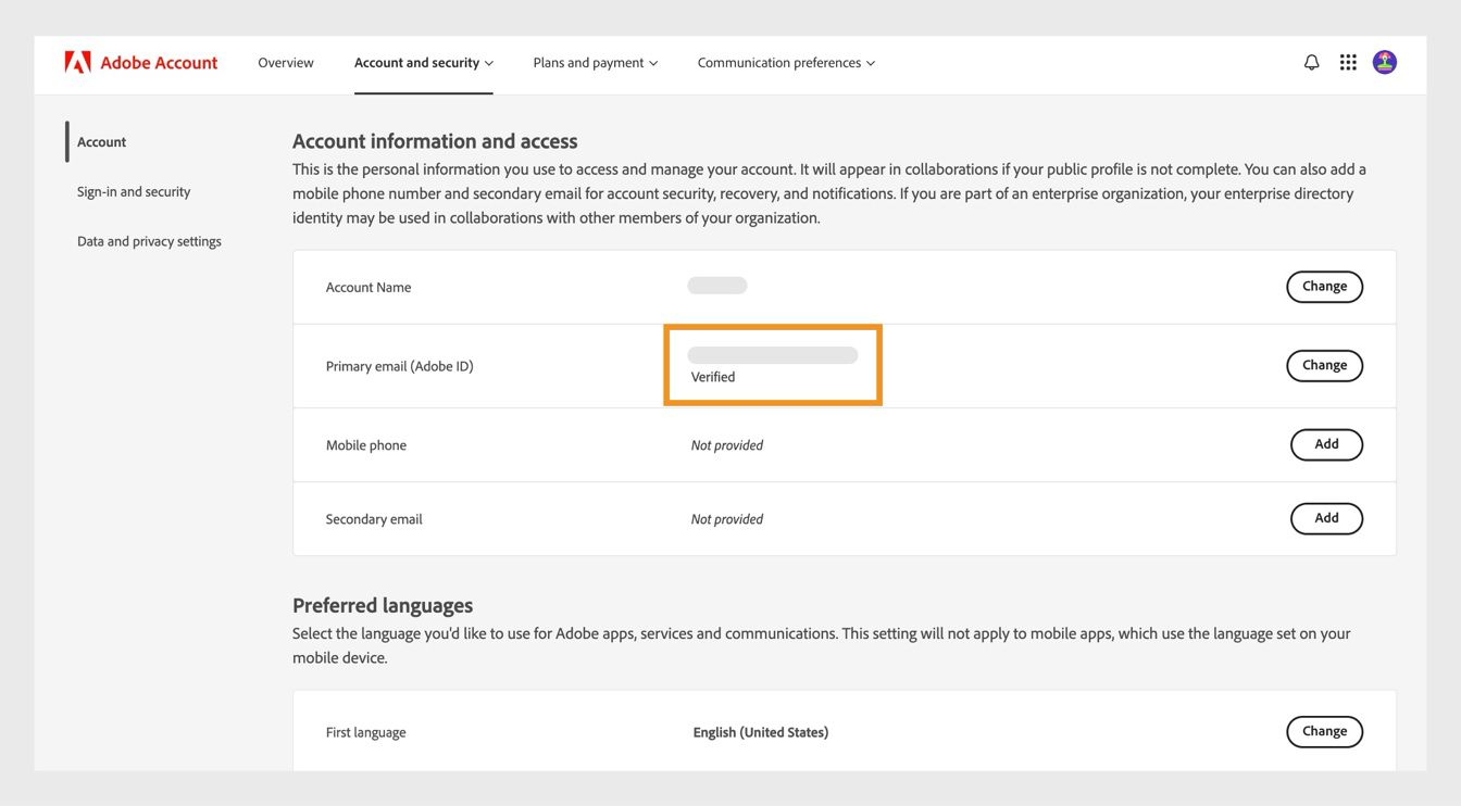 The Primary email (Adobe ID), highlighted in the Account page, shows the email address associated with your Adobe account. 