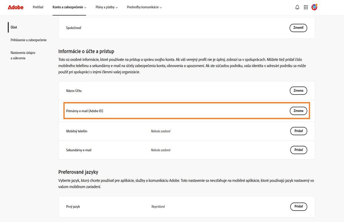 V oblasti Primárny e-mail (Adobe ID), ktorá sa nachádza v časti Informácie o konte a prístup na karte Konto, sa zobrazuje e-mailová adresa priradená ku kontu Adobe.