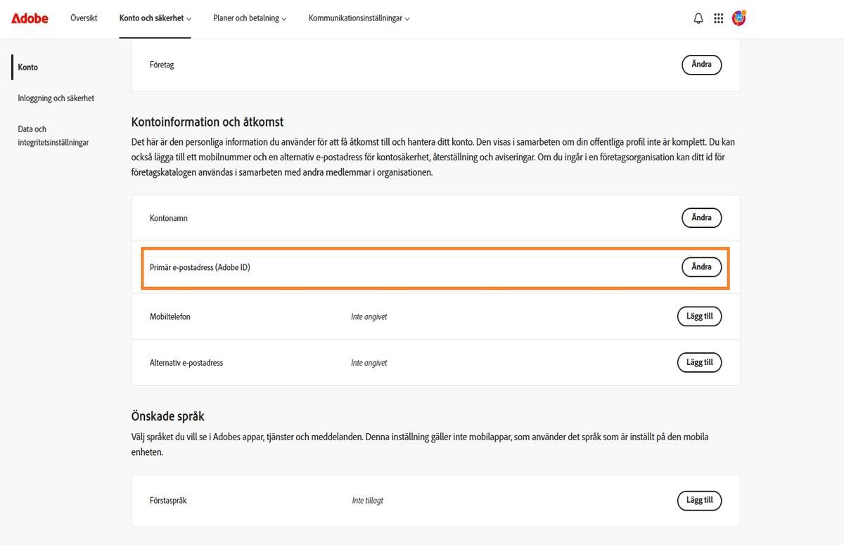 Området Primär e-postadress (Adobe ID), som finns under Kontoinformation och åtkomst på fliken Konto, visar e-postadressen som är kopplad till ditt Adobe-konto.