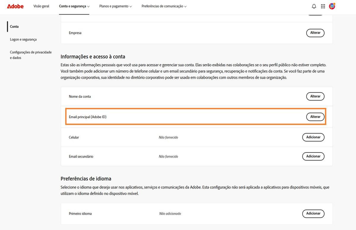 A área E-mail principal (Adobe ID), localizada em Informações e acesso da conta na guia Conta, exibe o endereço de e-mail associado à sua conta da Adobe.