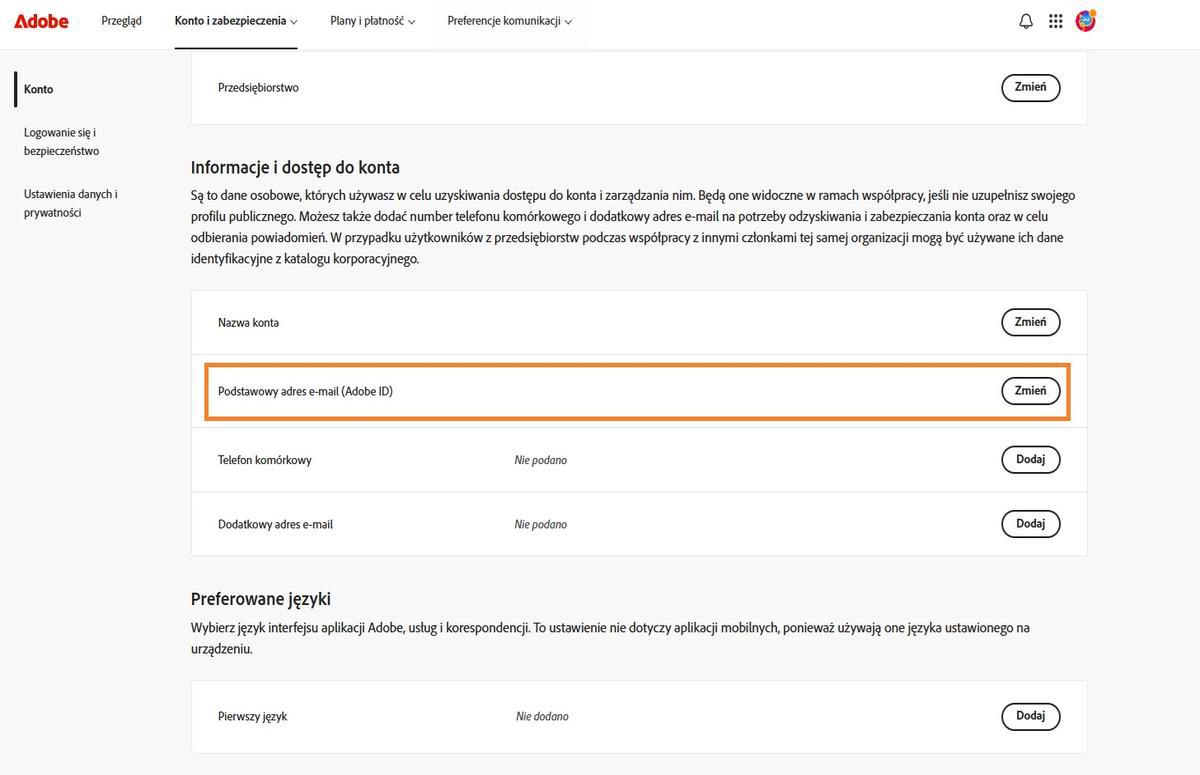 Obszar Główny adres e-mail (Adobe ID), znajdujący się na karcie Informacje o koncie i dostęp, wyświetla adres e-mail powiązany z kontem Adobe.