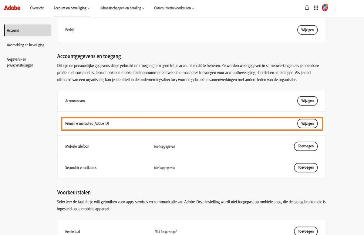 In het gebied Primaire e-mailadres (Adobe ID) onder het gedeelte Accountgegevens en toegang op het tabblad Account wordt het e-mailadres weergegeven dat aan je Adobe-account is gekoppeld.