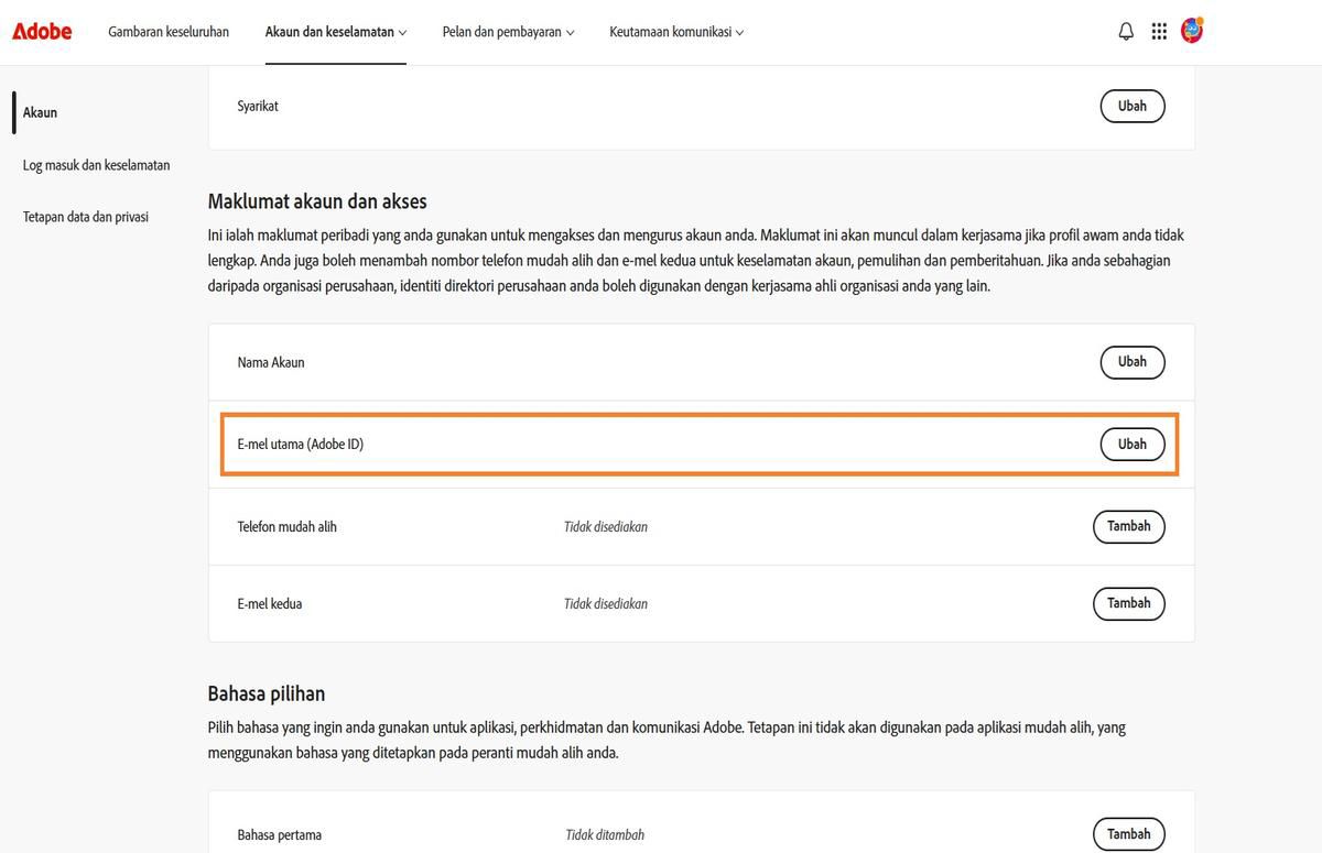 Kawasan E-mel utama (Adobe ID), yang terletak di bawah Maklumat akaun dan akses dalam tab Akaun, memaparkan alamat e-mel yang dikaitkan dengan akaun Adobe anda.