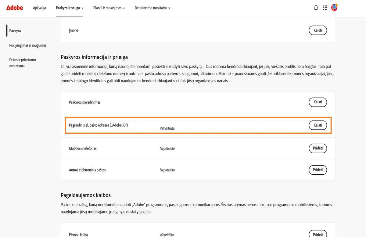 Pagrindinio el. pašto adreso („Adobe ID“) sritis, esanti skiltyje „Paskyros informacija ir prieiga“ skirtuke „Paskyra“, rodo el. pašto adresą, susietą su jūsų „Adobe“ paskyra.