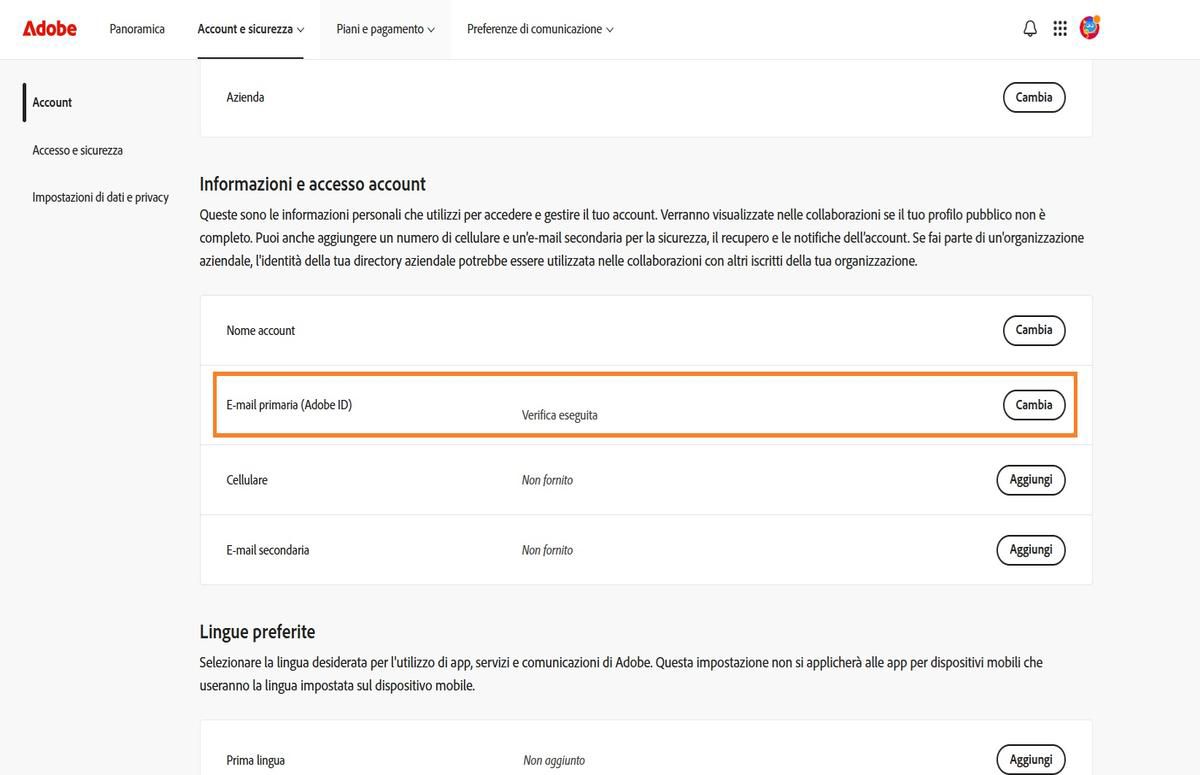 L'area E-mail primaria (Adobe ID), situata sotto Informazioni e accesso account nella scheda Account, mostra l'indirizzo e-mail associato al tuo account Adobe.