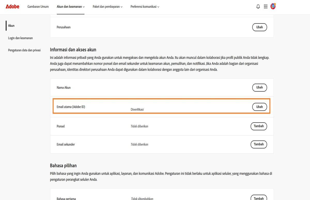 Area Email utama (Adobe ID), yang terletak di bawah Informasi akun dan akses di tab Akun, menampilkan alamat email yang terkait dengan akun Adobe Anda.