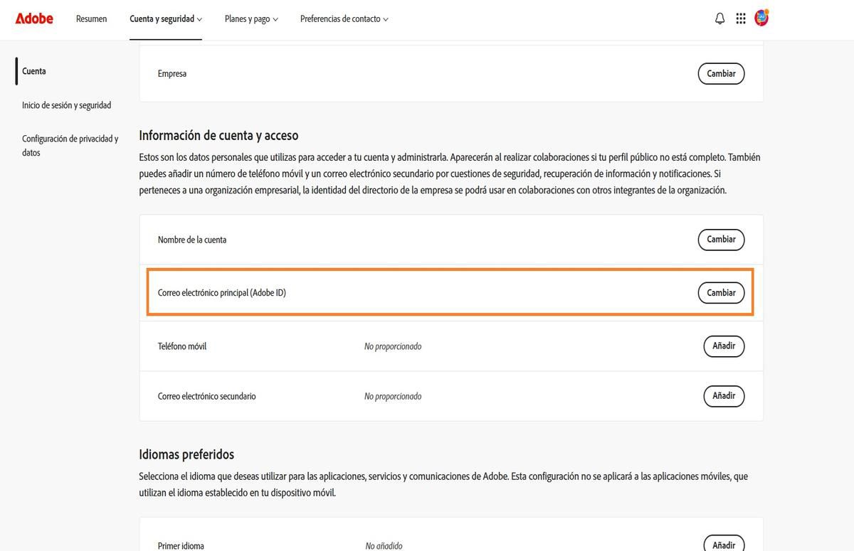 El área de correo electrónico principal (Adobe ID), ubicada en Información de cuenta y acceso en la pestaña Cuenta, muestra la dirección de correo electrónico asociada con su cuenta de Adobe.
