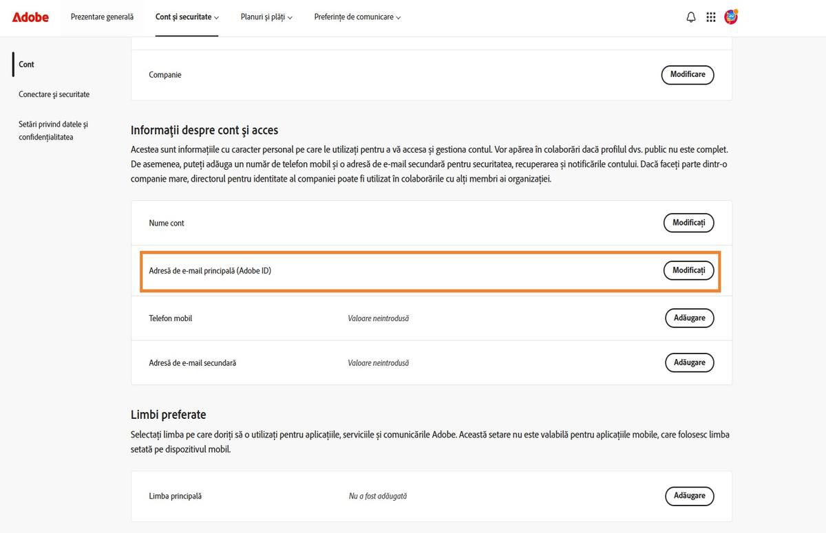 Zona E-mail principal (Adobe ID), situată sub Informații cont și acces în fila Cont, afișează adresa de e-mail asociată cu contul dvs. Adobe.