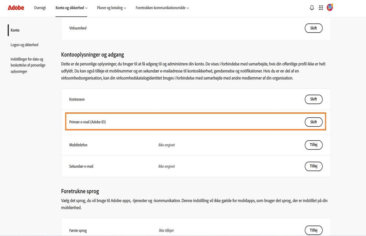 Området Primær e-mail (Adobe ID), der findes under Kontooplysninger og adgang på fanen Konto, viser den e-mailadresse, der er knyttet til din Adobe-konto.