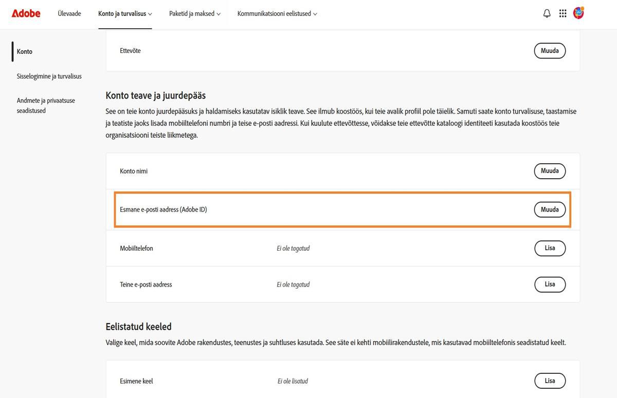 Esmase e-posti (Adobe ID) ala, mis asub vahekaardil Konto jaotises Konto teave ja juurdepääs, kuvab teie Adobe konto'ga seotud e-posti aadressi.