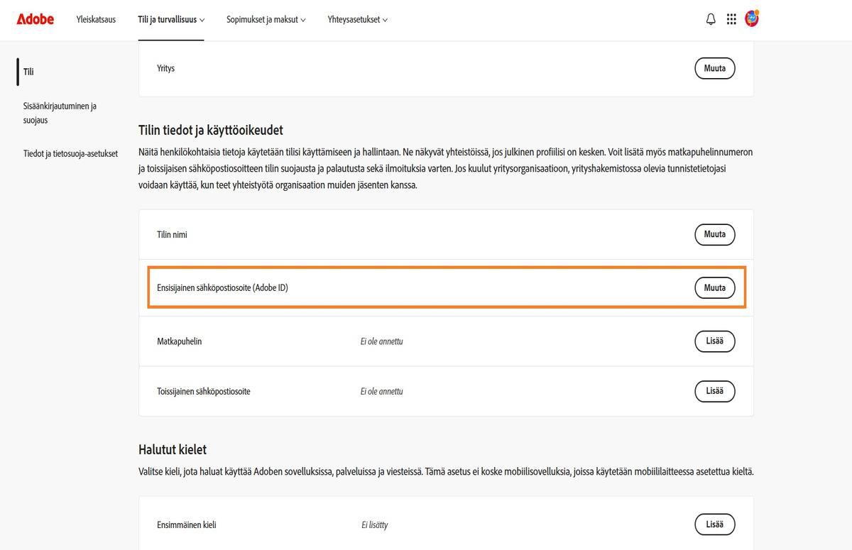 Ensisijainen sähköposti (Adobe ID) -alue, joka sijaitsee Tilitiedot ja käyttöoikeudet -kohdassa Tili-välilehdessä, näyttää Adobe-tiliisi liitetyn sähköpostiosoitteen.