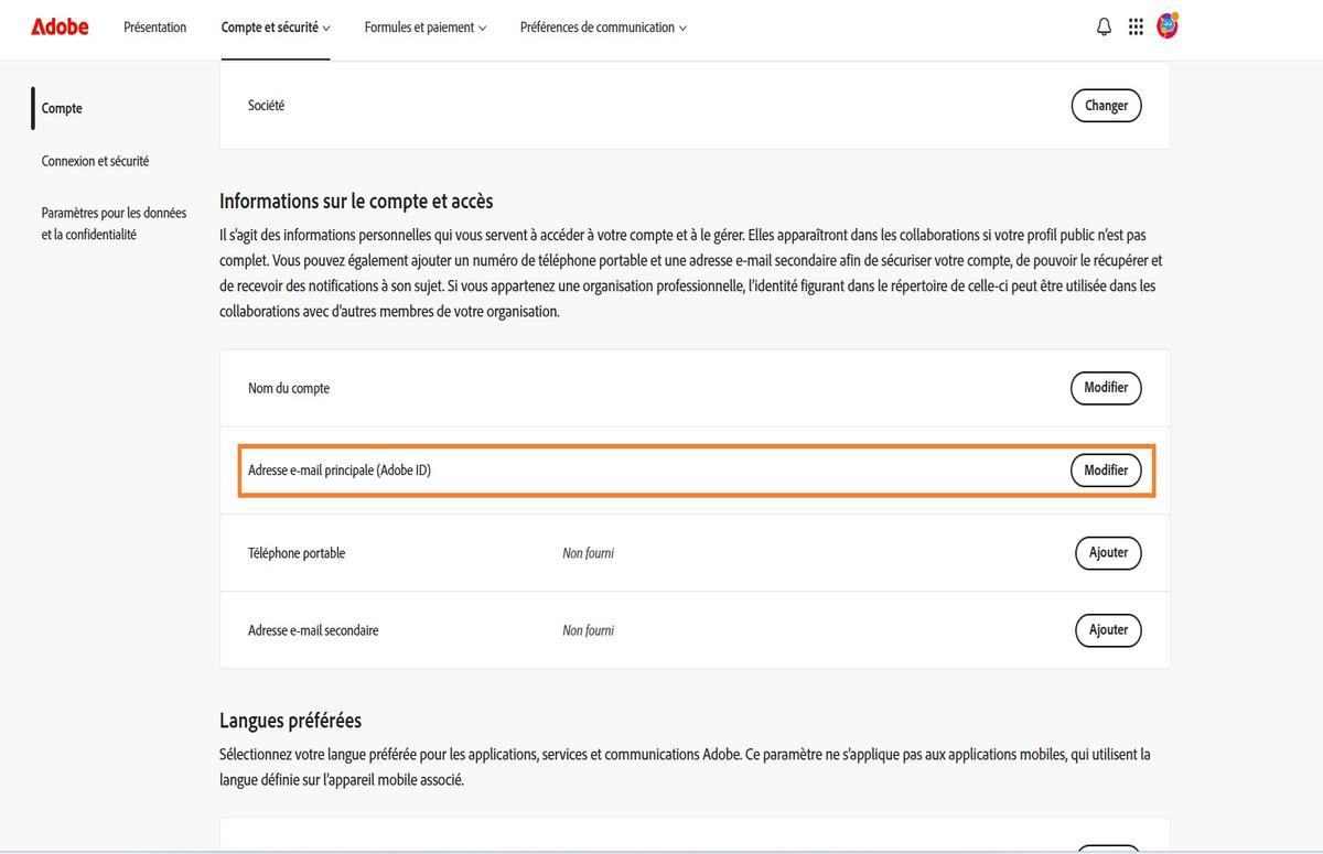 La zone E-mail principal (Adobe ID), située sous Informations sur le compte et accès dans l’onglet Compte, affiche l’adresse e-mail associée à votre compte Adobe.