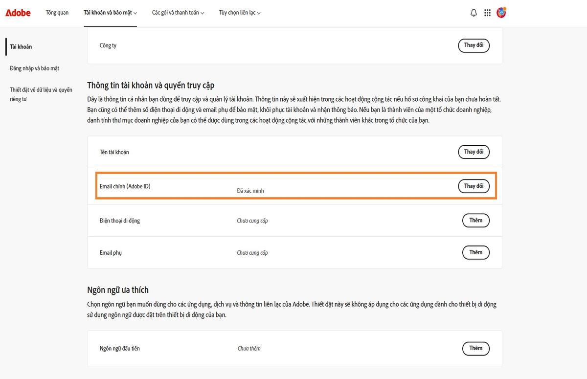 Khu vực Email chính (Adobe ID), nằm dưới Thông tin tài khoản và quyền truy cập trong tab tài khoản, hiển thị địa chỉ email được liên kết với tài khoản Adobe của bạn.