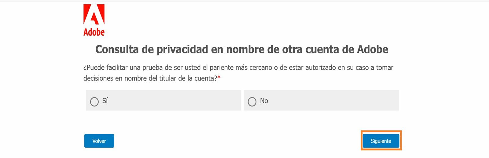 La pantalla de consulta de privacidad muestra un mensaje de confirmación de sí o no donde puede especificar si puede proporcionar pruebas de que está autorizado para tomar decisiones en nombre del titular de la cuenta.