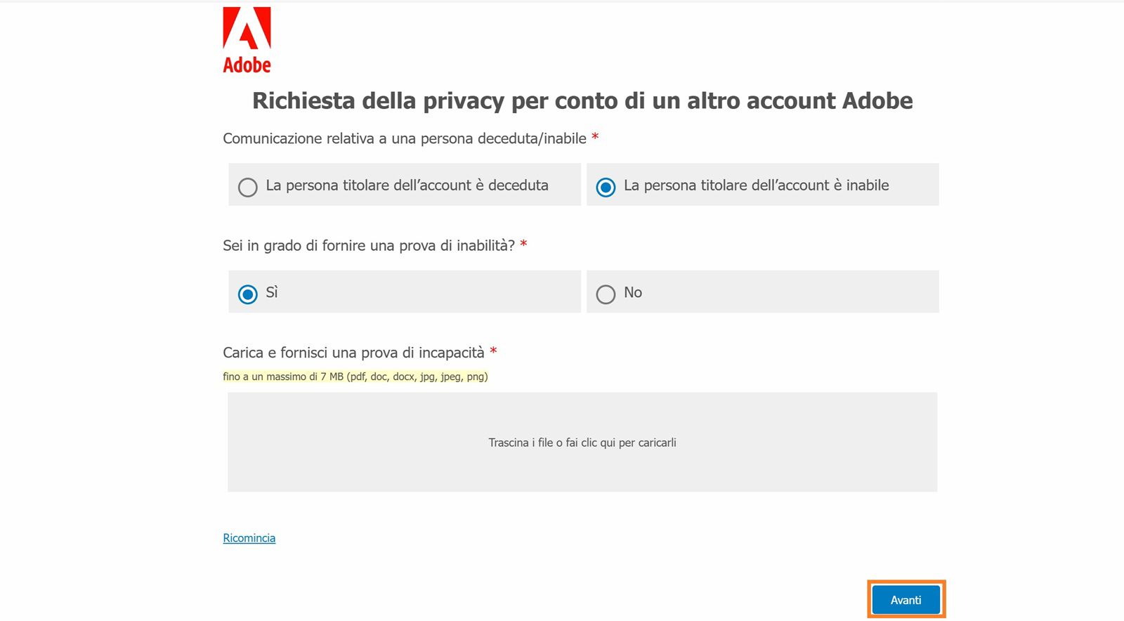 La schermata per la richiesta della privacy mostra l'opzione per selezionare il motivo della chiusura dell'account, scegliere se puoi fornire prove di inabilità o decesso e caricare la documentazione.