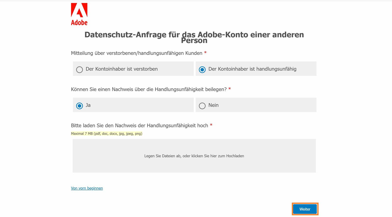 Der Bildschirm für Anfrage zum Datenschutz zeigt die Option, den Grund für die Kontoschließung auszuwählen, zu entscheiden, ob Sie einen Nachweis über Handlungsunfähigkeit oder Tod erbringen können, und den Nachweis hochzuladen.