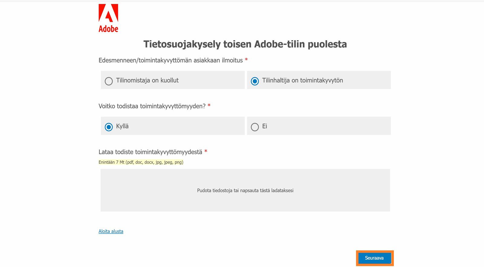 Tietosuojakyselynäytössä voit valita tilin sulkemisen syyn, ilmoittaa, pystytkö toimittamaan todisteen toimintakyvyttömyydestä tai kuolemasta ja ladata todisteen.