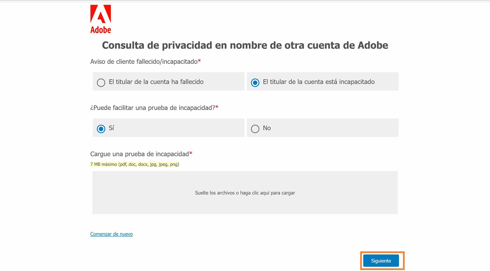 La pantalla de consulta de privacidad muestra la opción para seleccionar el motivo del cierre de la cuenta, elegir si puede proporcionar pruebas de incapacitación o fallecimiento y cargar dichas pruebas.