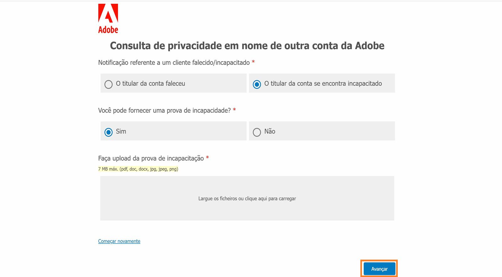 A tela Consulta de privacidade exibe a opção de selecionar o motivo para fechar a conta, escolher se você pode fornecer prova de incapacitação ou morte e fazer upload da prova.
