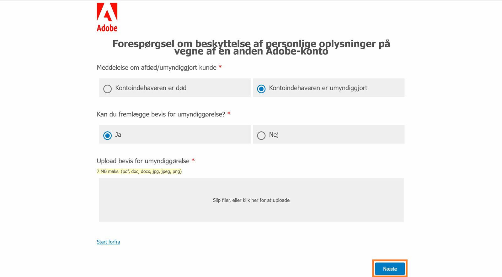 Skærmen for privatlivsforespørgsel viser muligheden for at vælge årsagen til lukning af kontoen, vælge om du kan fremlægge bevis for uarbejdsdygtighed eller død og uploade bevis.