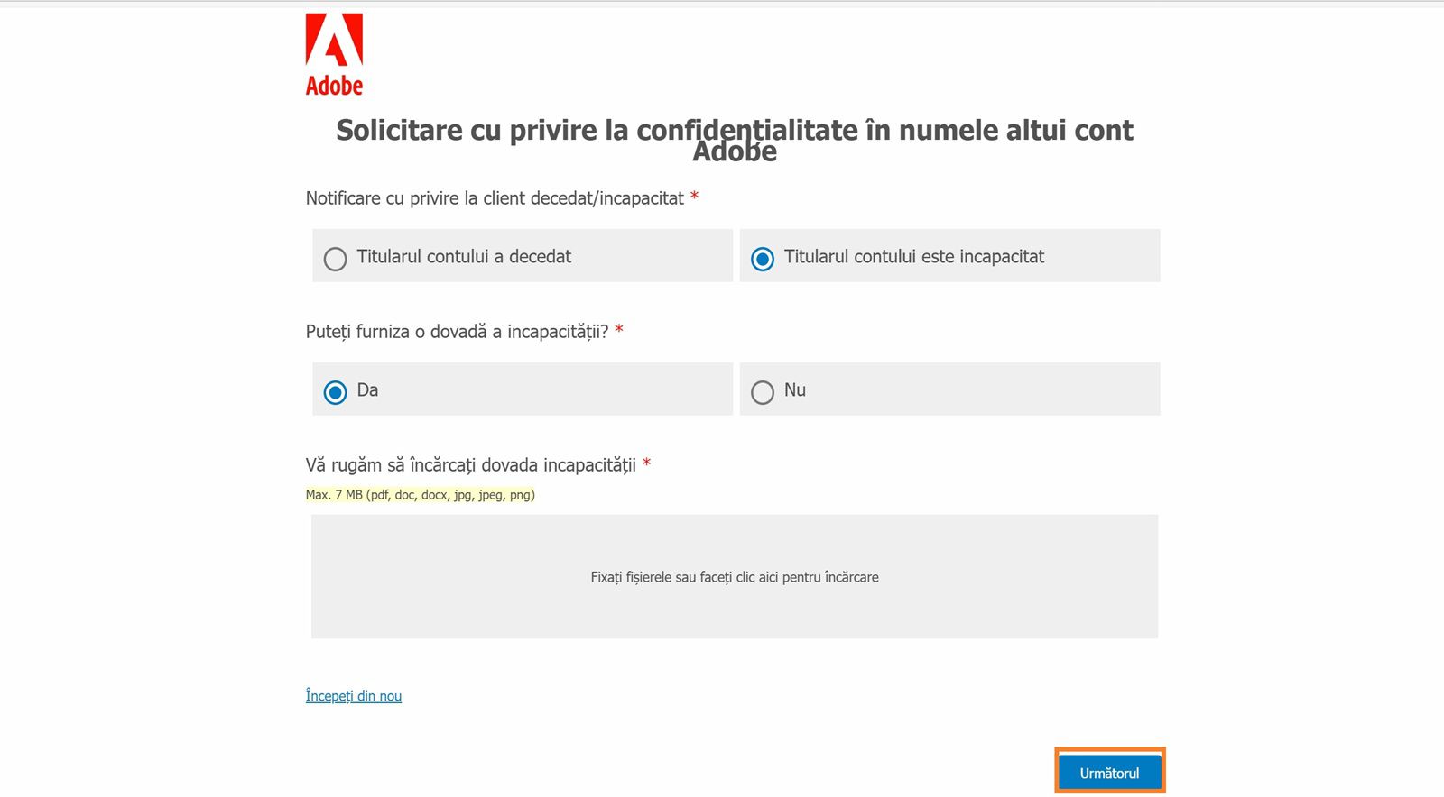 Ecranul Solicitare privind confidențialitatea afișează opțiunea de a selecta motivul închiderii contului, de a alege să furnizați dovada incapacității sau a decesului dacă acest lucru este posibil și de a încărca dovada respectivă.