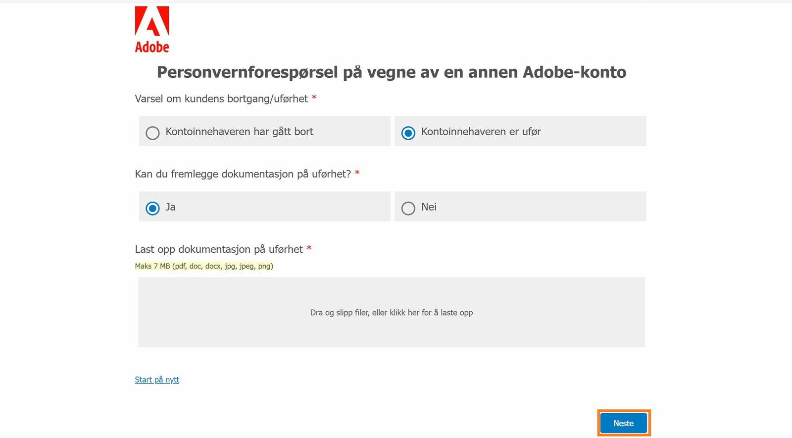 Skjermen Forespørsel om personvern viser alternativet for å velge årsaken til kontostenging, velge om du kan fremlegge bevis på manglende samtykkekompetanse eller død, og laste opp bevis.